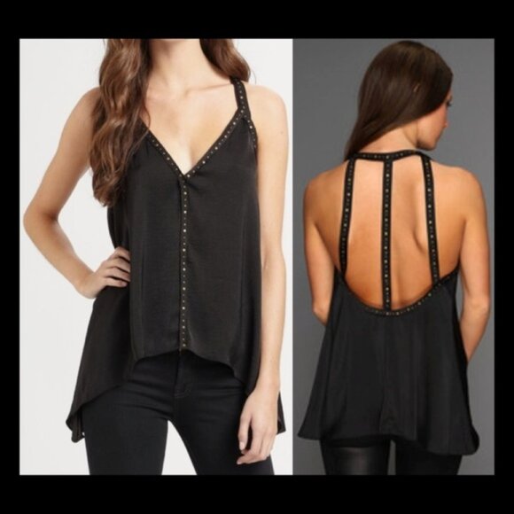 New BCBGMaxAzria Abbey v-neck studded cutout cage open back trapeze satin top - Picture 2 of 8